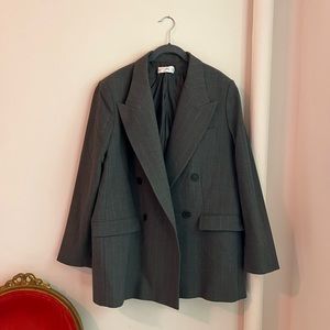MNG Mango Gray Pinstripe Double-Breasted Blazer